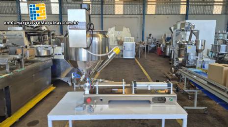Semi-automatic stainless steel benchtop filling machine for pastes with funnel, mixer and jacketed heating element, Cetro brand. Semi-automatic stainless steel benchtop filling machine for pastes with funnel, mixer and jacketed heating element, Cetro brand.